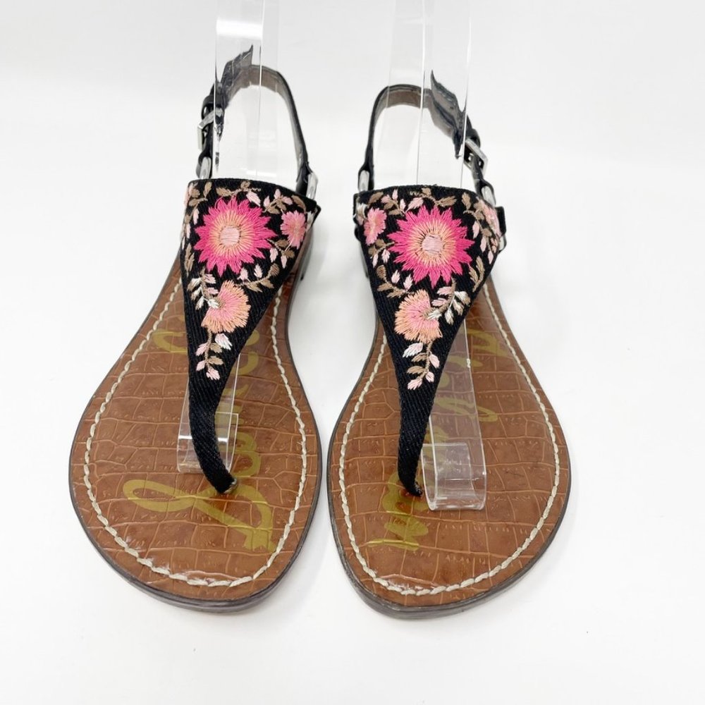 Sam Edelman Womens Black Embroidered Floral Silver Accent Buckle Sandal Size 6